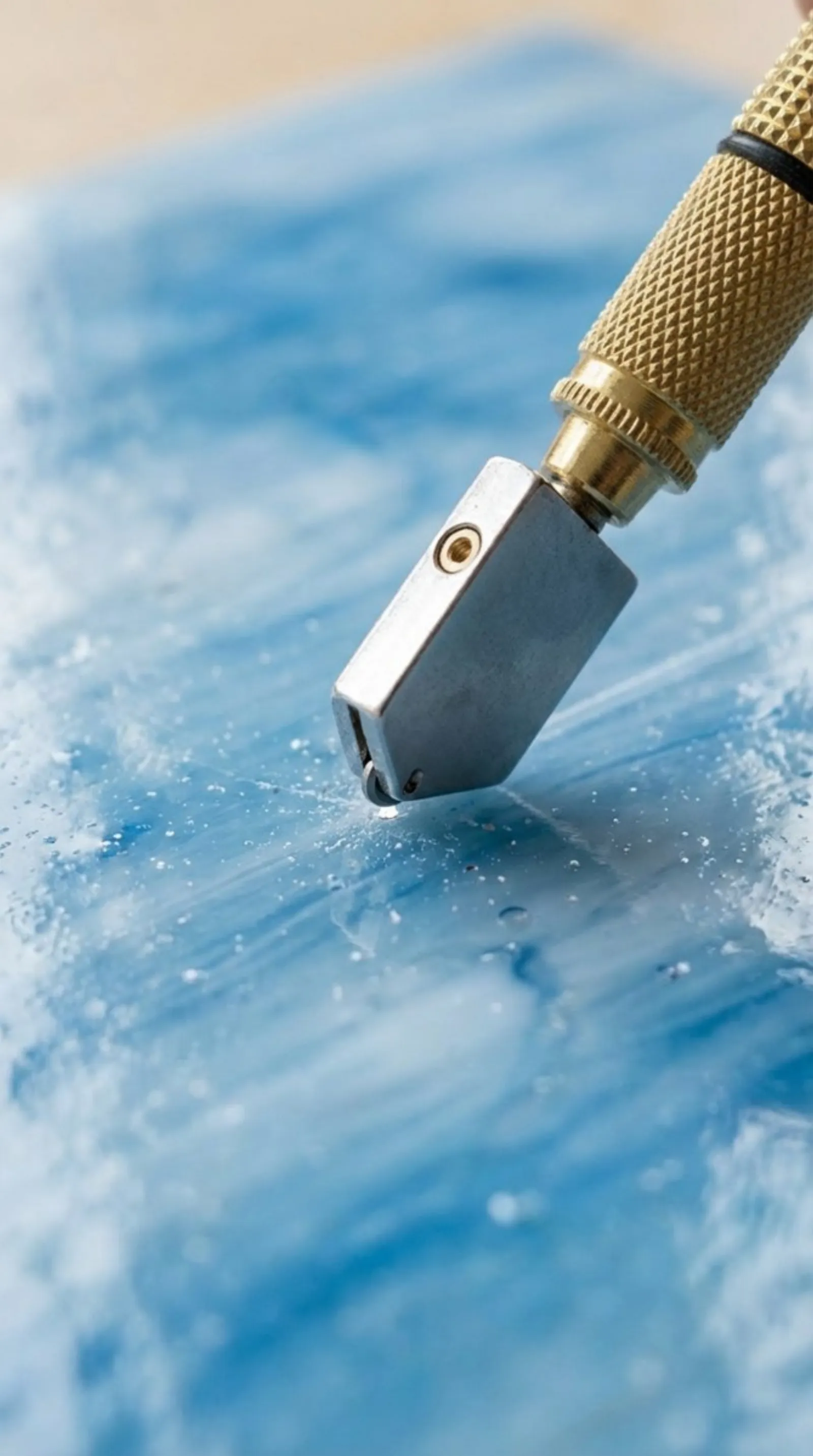 Стеклорез на голубом витражном стекле