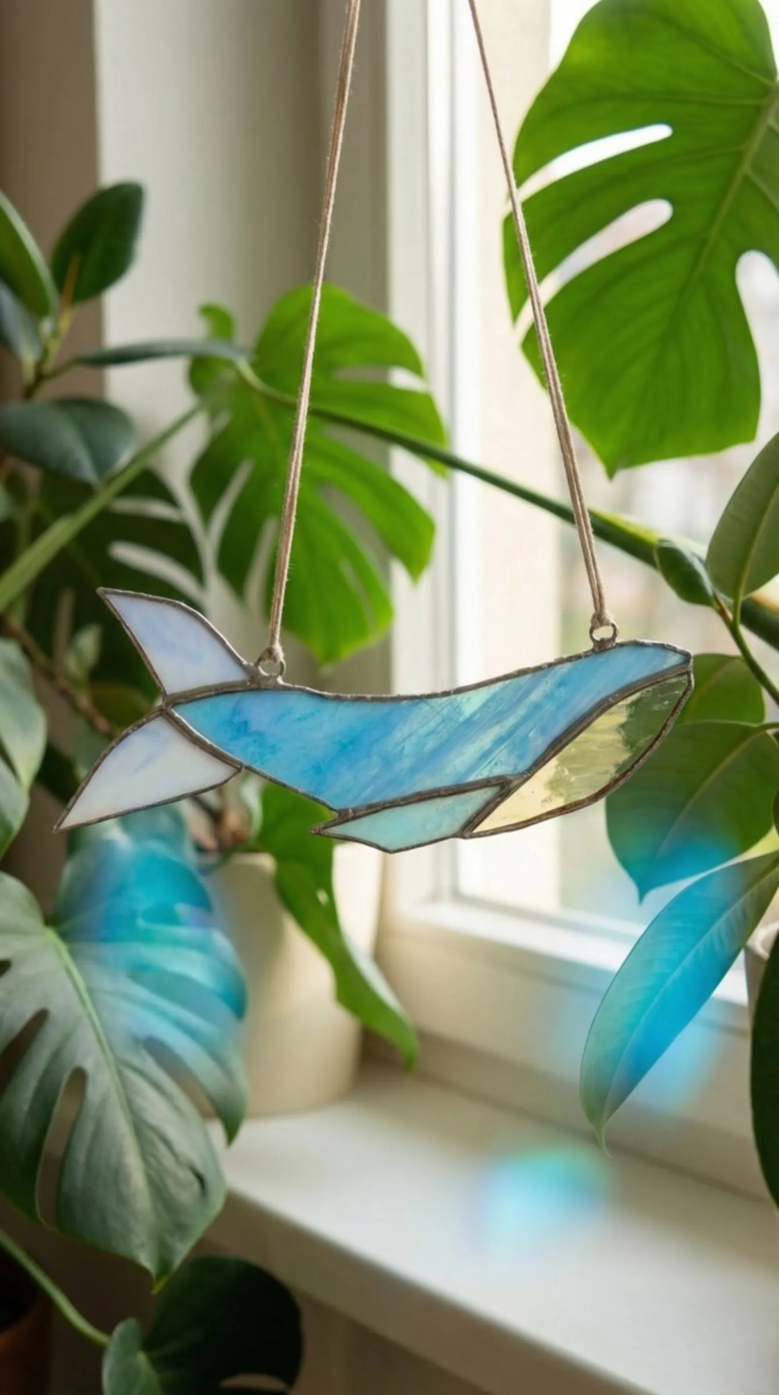 Готовый витраж-кит висит на окне среди зелёных растений